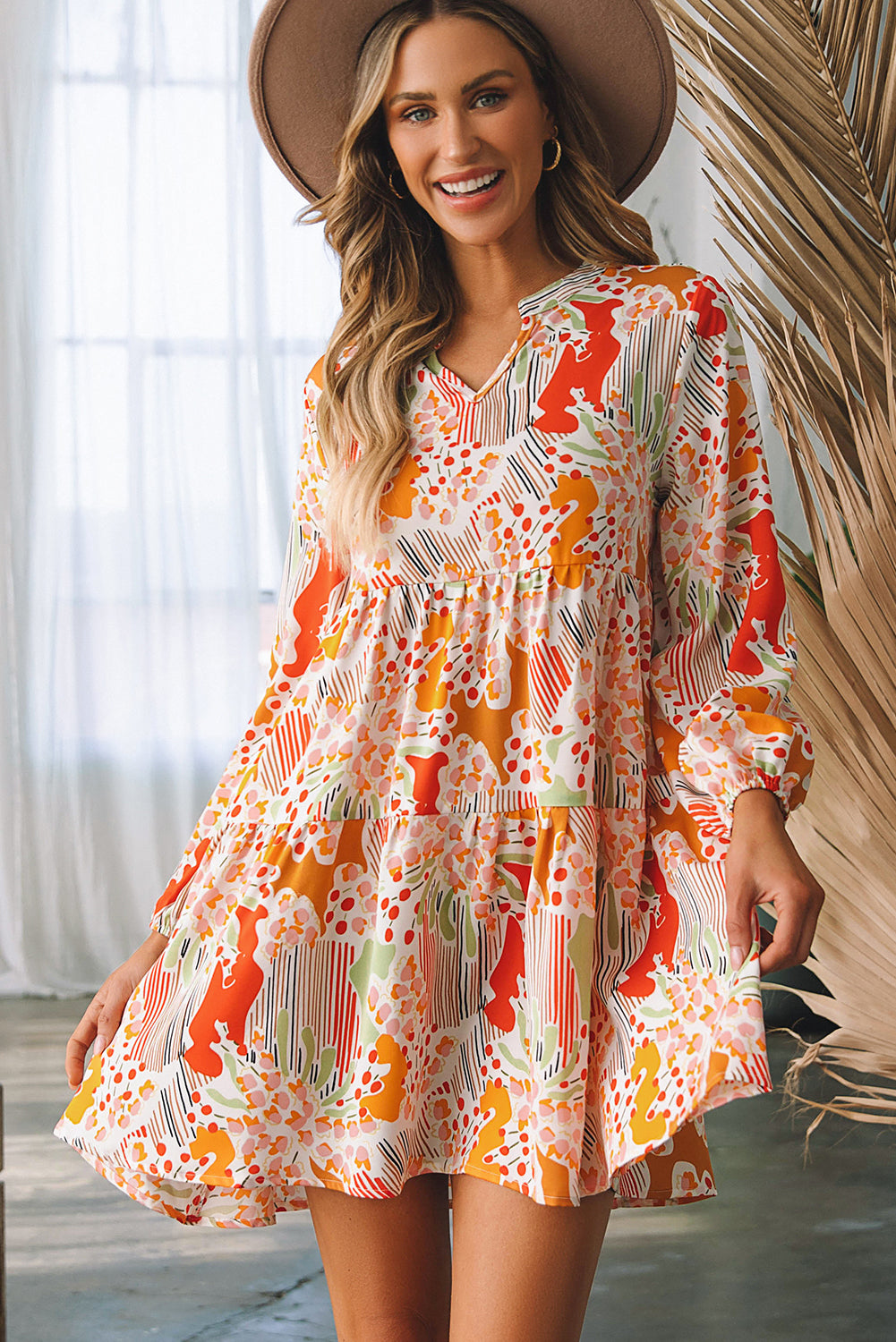 Multicolour Split Neck Puff Sleeve Flowy Printed Dress - SELFTRITSS