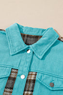 Sky Blue Plaid Patchwork Pockets Denim Jacket - SELFTRITSS   