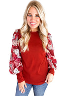 Fiery Red Contrast Mixed Animal Print Lantern Sleeve Patchwork Top - SELFTRITSS