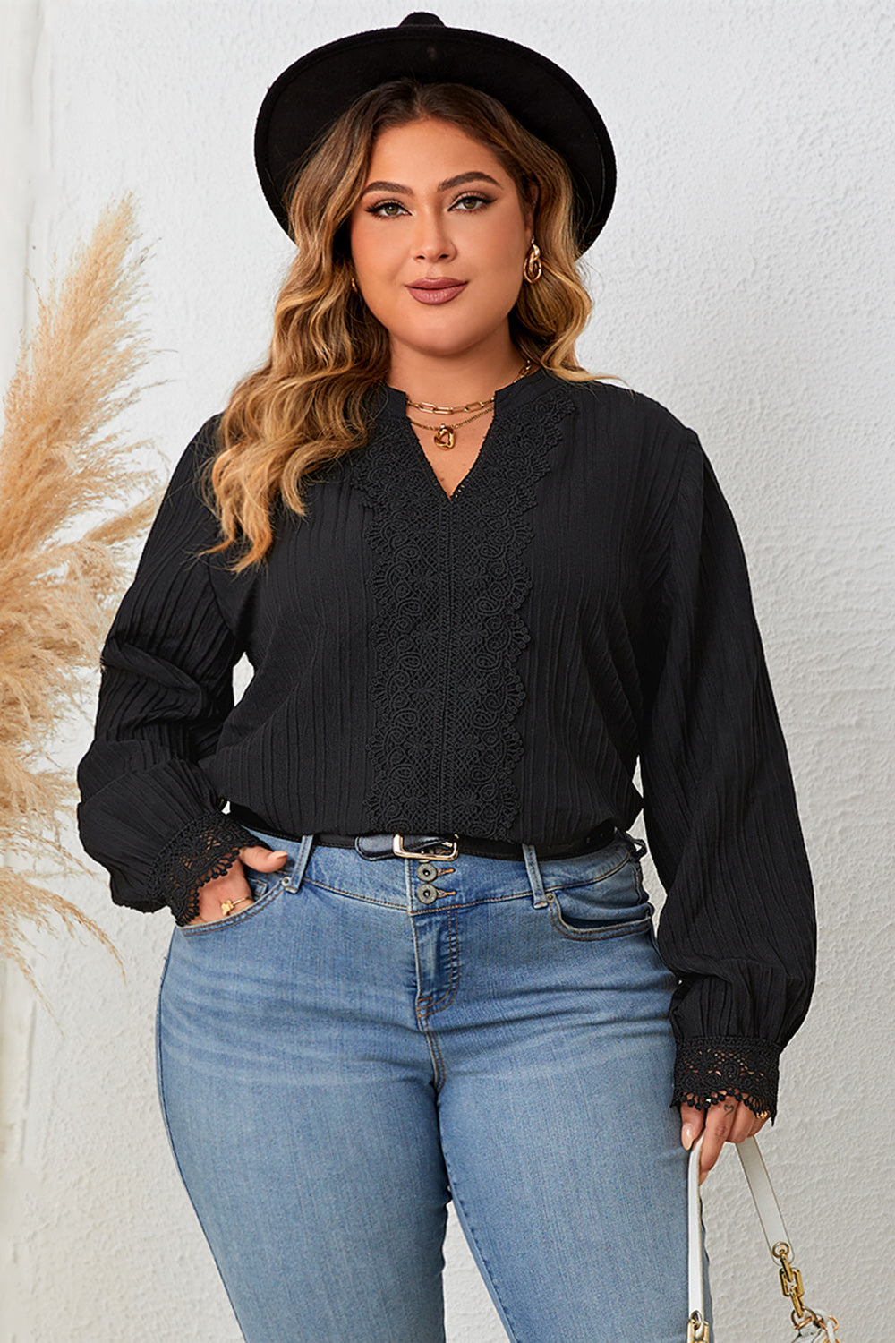 Plus Size Notched Neck Lace Detail Blouse - SELFTRITSS