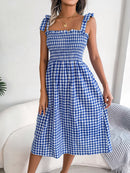 Frill Plaid Square Neck Midi Dress - SELFTRITSS   