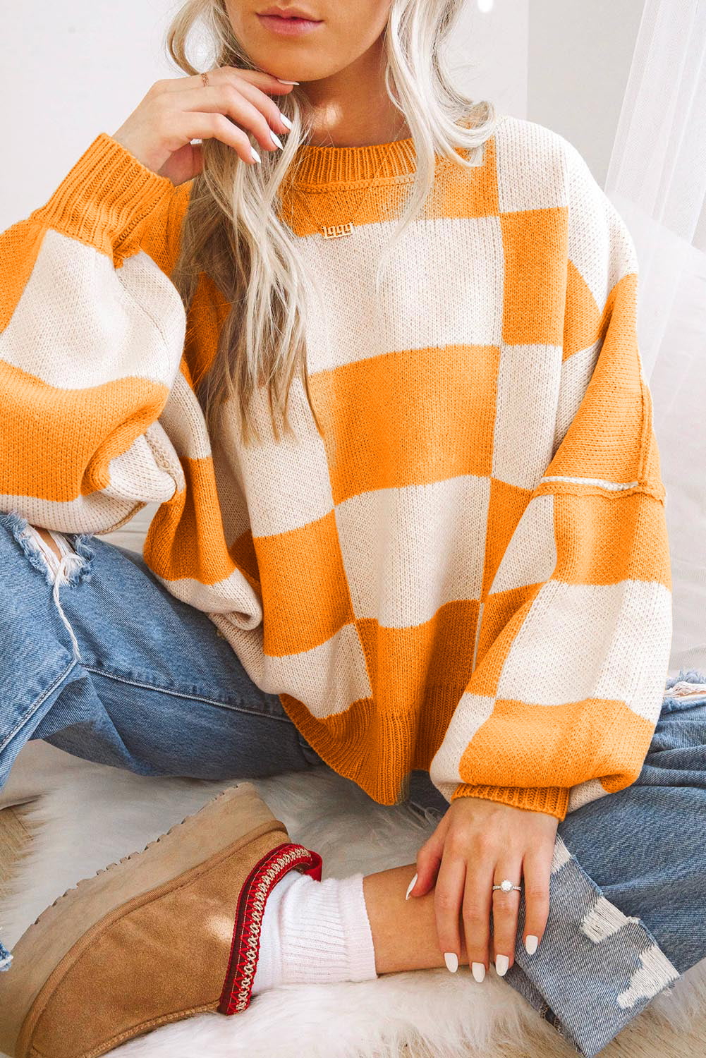 Orange Checkered Bishop Sleeve Sweater - SELFTRITSS   