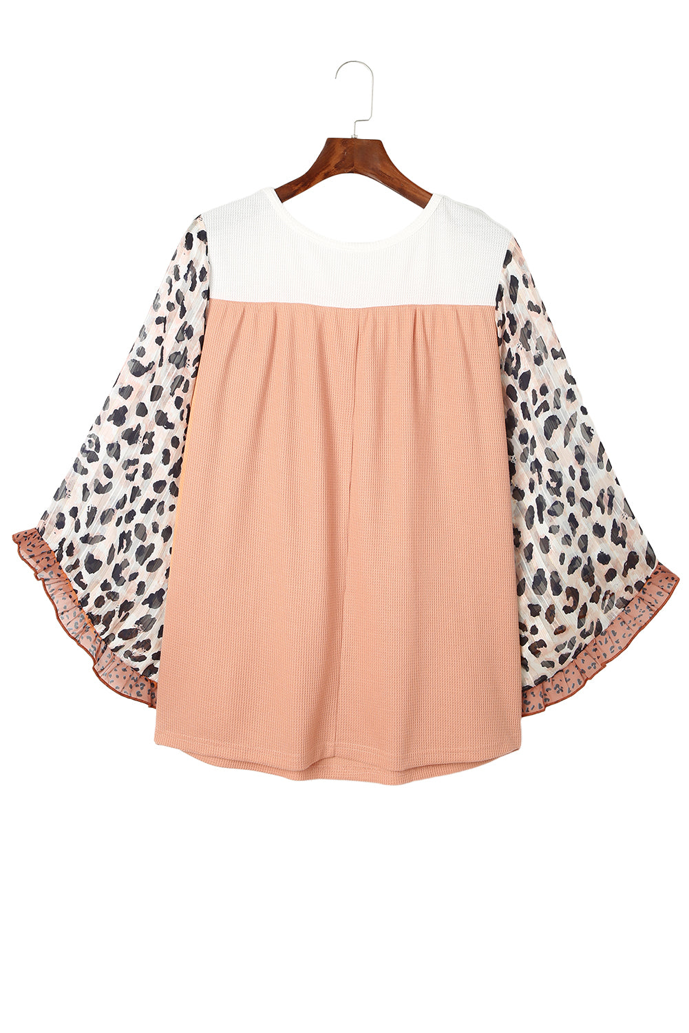 Khaki Printed Plus Ruffle Leopard Sleeve Waffled Color Block Top - SELFTRITSS   