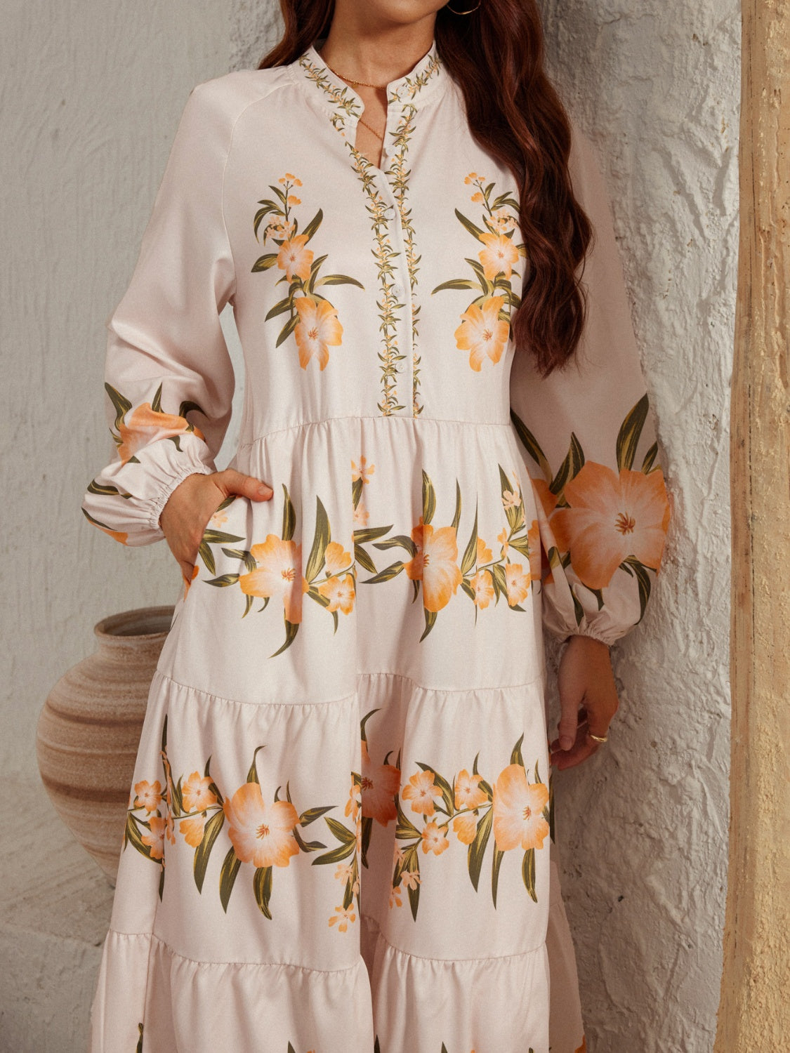 Printed Long Sleeve Midi Dress - SELFTRITSS   