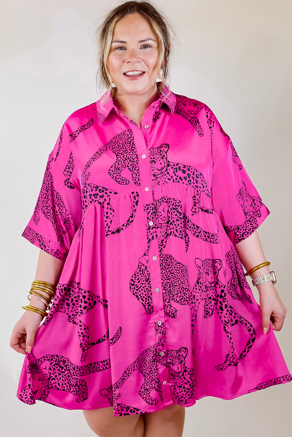 Rose Cheetah Print Half Sleeve Buttoned Plus Size Mini Dress - SELFTRITSS