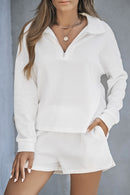 White Ribbed Zipper Sweatshirt and High Waist Shorts Set - SELFTRITSS