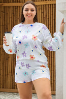 White Plus Size Flower Print Raglan Pullover and Shorts Outfit - SELFTRITSS