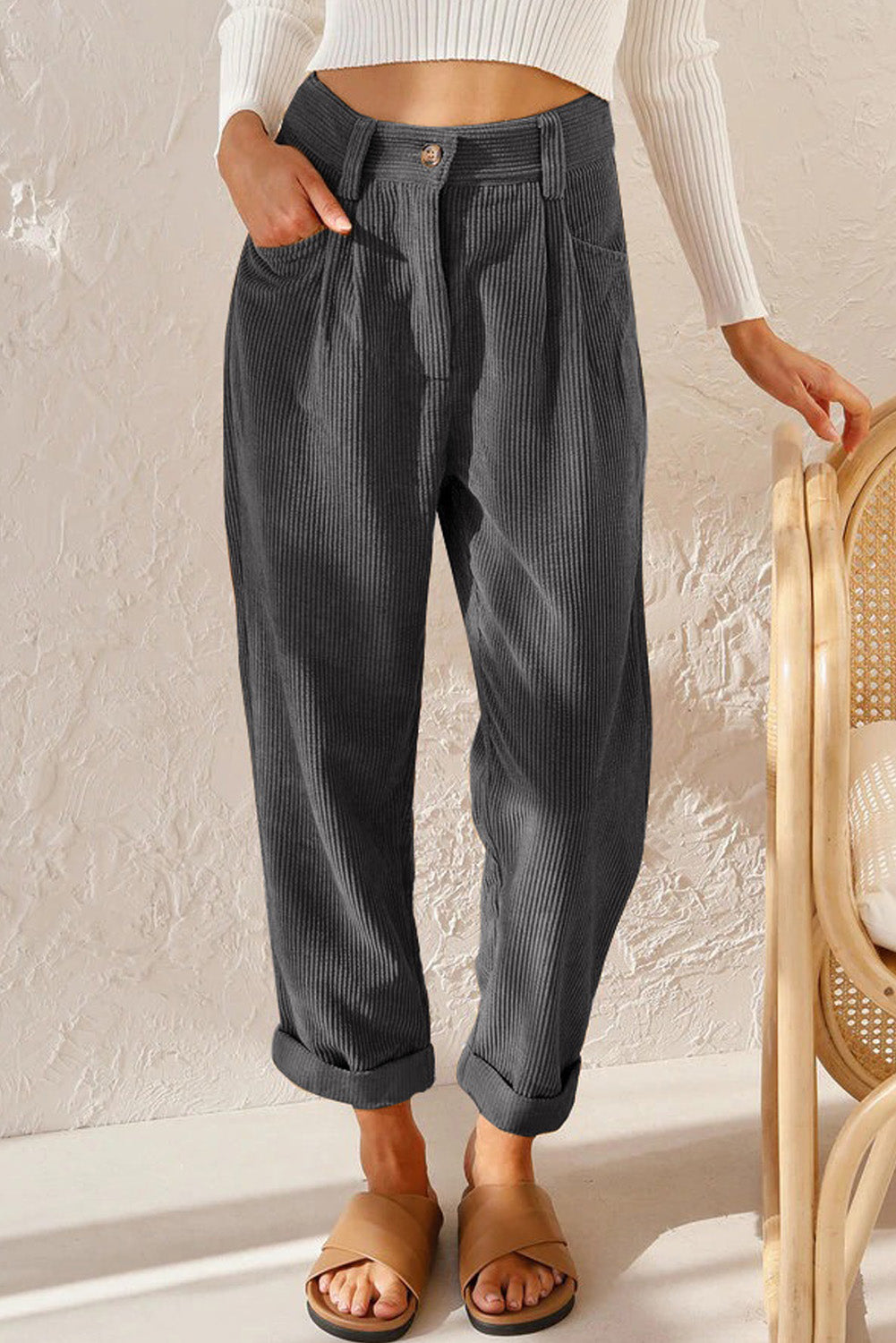 Gray Corduroy High Waist Straight Leg Pants - SELFTRITSS