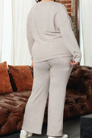 Parchment Plus Size Ribbed V Neck Pullover and Pants Set - SELFTRITSS   