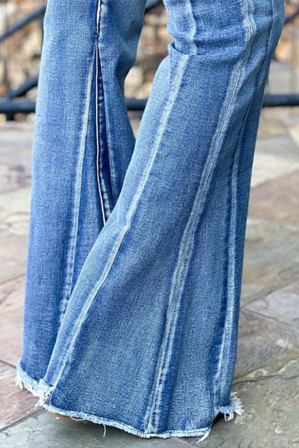 Light Blue Acid Wash Raw Hem Flared Jeans - SELFTRITSS