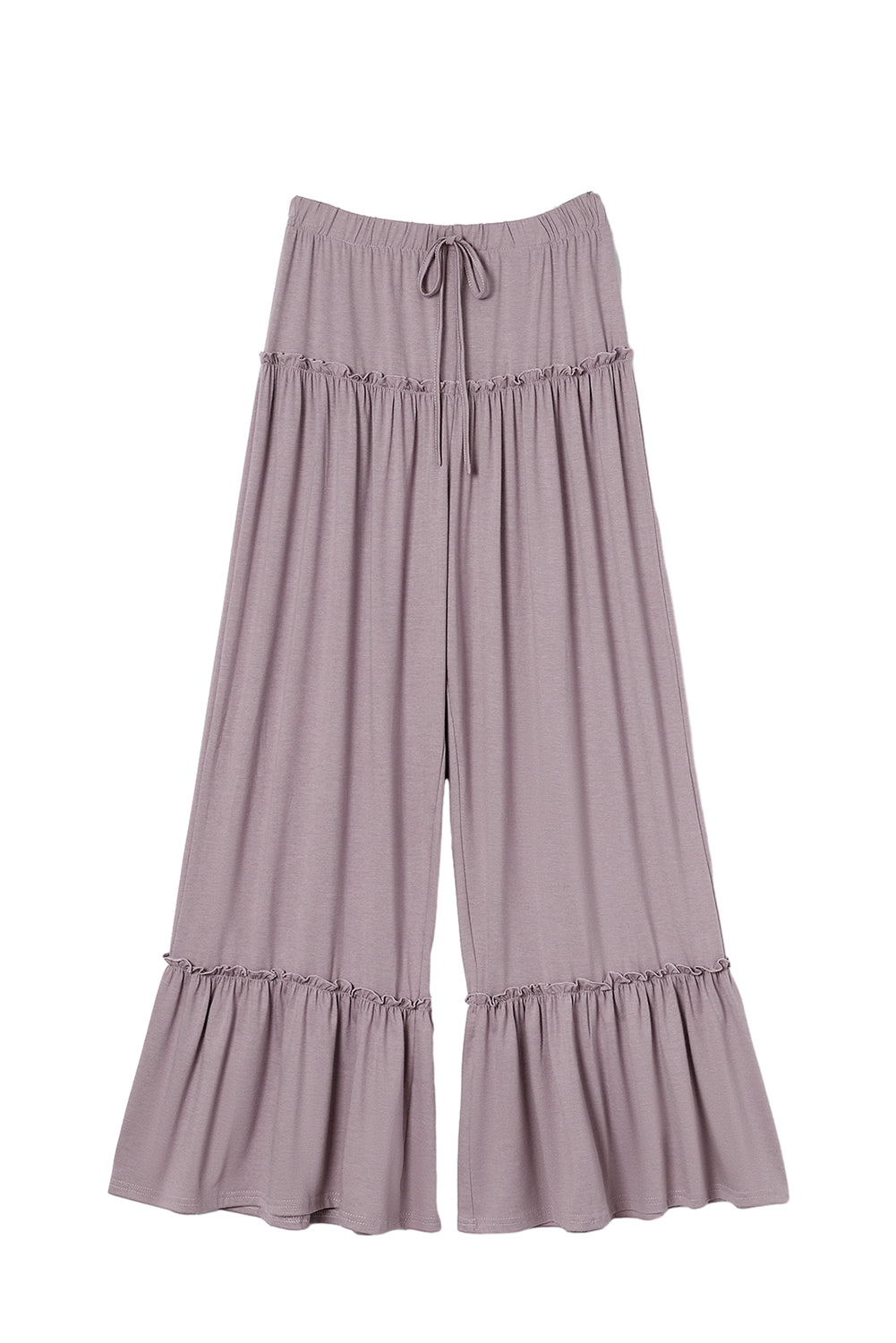 Khaki Frilled Drawstring High Waist Wide Leg Pants - SELFTRITSS   