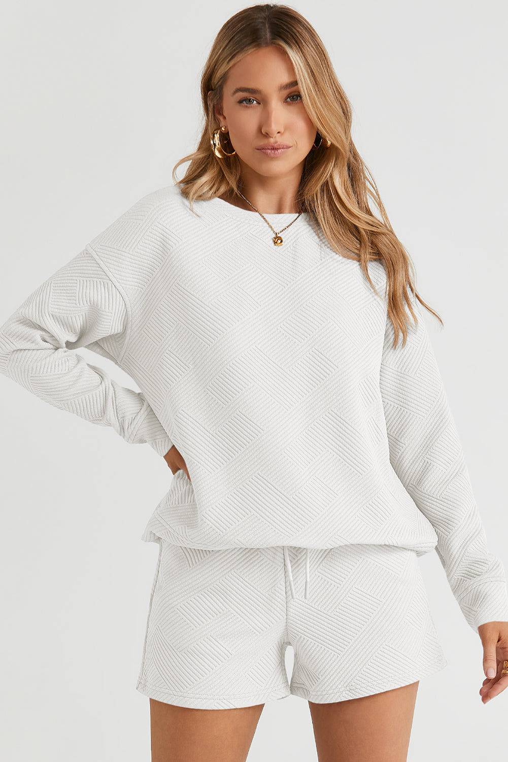 White Textured Long Sleeve Top and Drawstring Shorts Set - SELFTRITSS