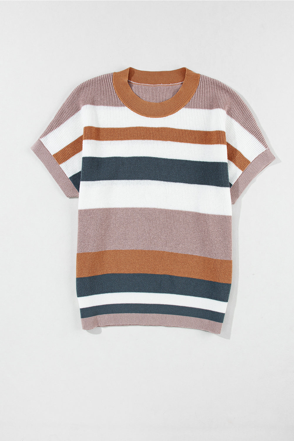 Camel Striped Knit Crew Neck T Shirt Sweater - SELFTRITSS   