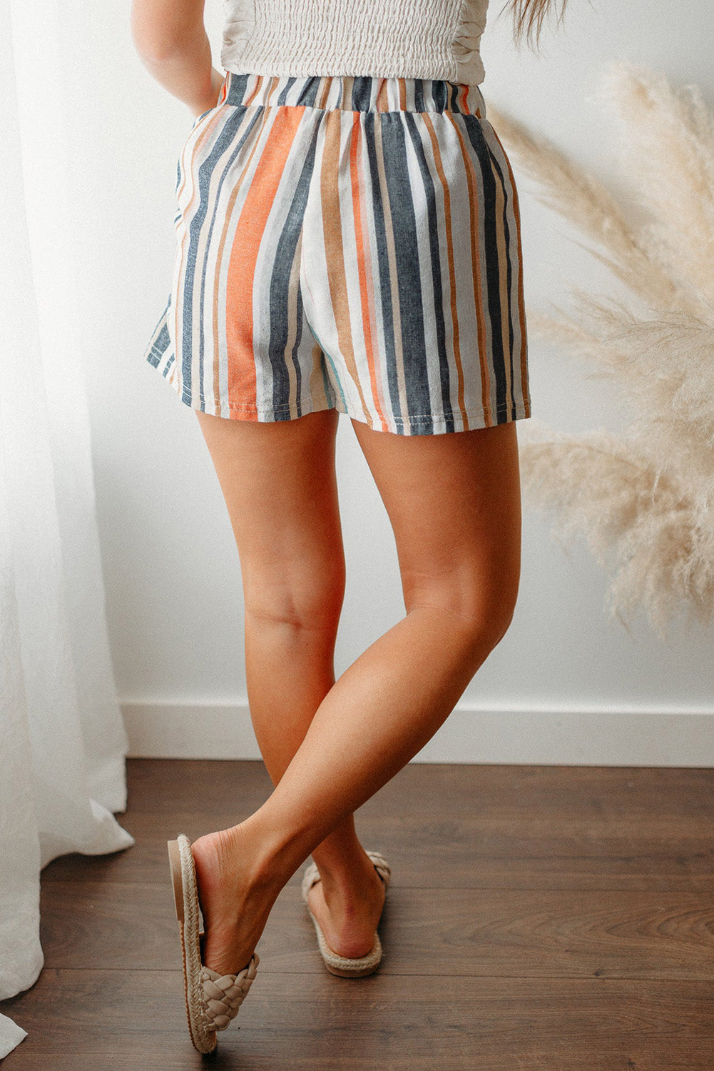 Stripe Vintage Washed Elastic Frill Waist Casual Shorts - SELFTRITSS