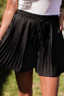 Black Drawstring Waist Flowy Pleated Shorts - SELFTRITSS