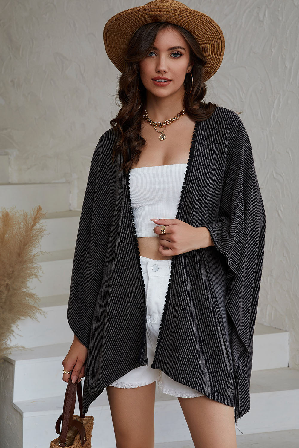 Black Lace Trim Ribbed Oversize Kimono - SELFTRITSS   