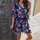 Summer Floral Print Short Sleeves Lace Up Ruffle Dress - SELFTRITSS   