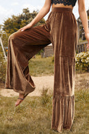 Chestnut Ruffle Hem Wide Leg Velvet Pants - SELFTRITSS