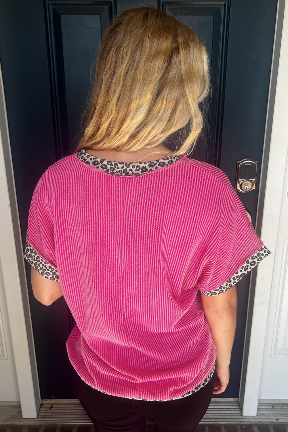 Rose Red Leopard Trim V Neck Short Sleeve Plus Size Corded Top - SELFTRITSS