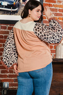 Khaki Printed Plus Ruffle Leopard Sleeve Waffled Color Block Top - SELFTRITSS   