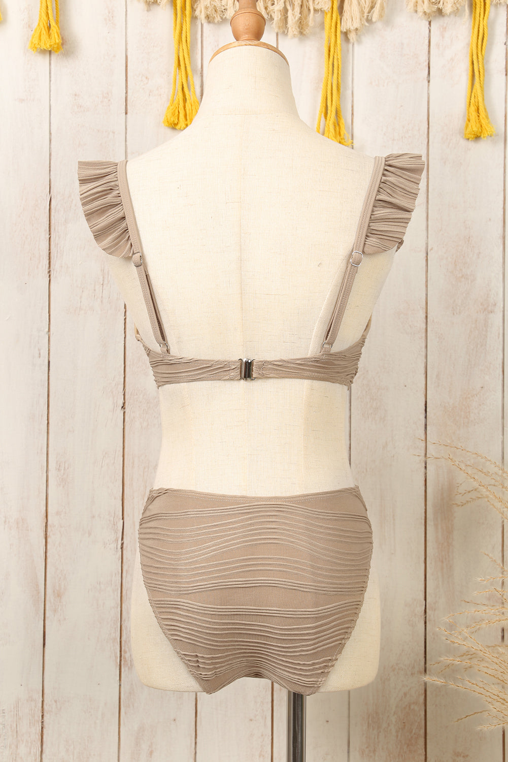 Pale Khaki Wavy Textured Ruffled Straps Twist Bikini Swimsuit - SELFTRITSS
