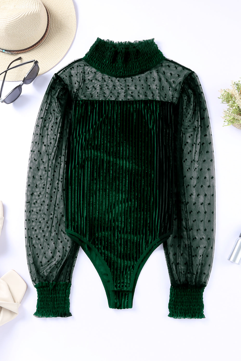 Green Sheer Dotty Long Sleeve Ribbed Velvet Bodysuit - SELFTRITSS