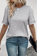 Gray Ribbed Splicing Sleeve Round Neck T-shirt - SELFTRITSS