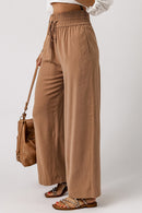 Brown Drawstring Elastic Waist Casual Wide Leg Pants - SELFTRITSS   