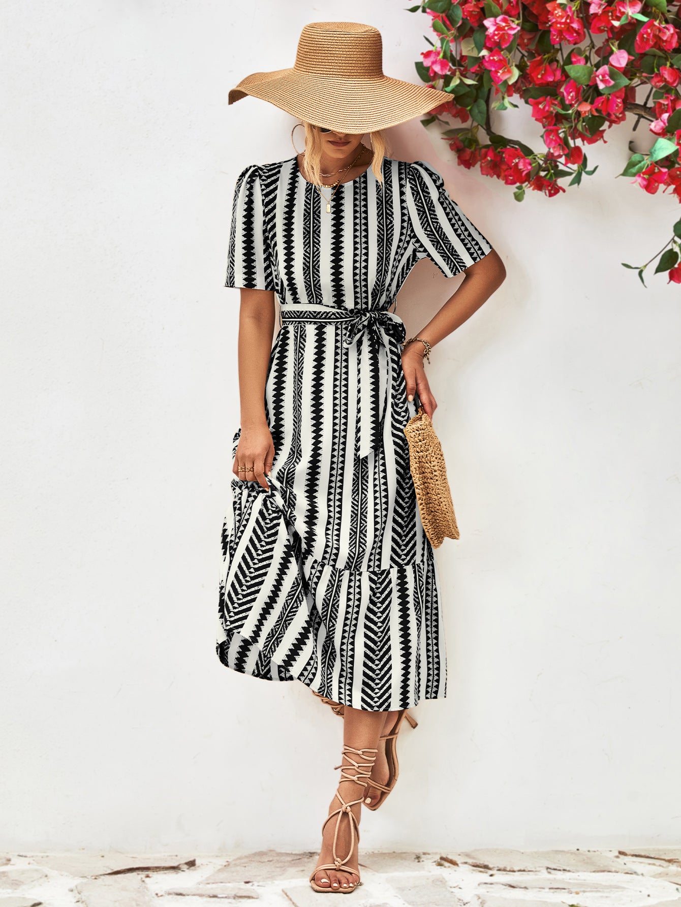 Striped Tie Belt Round Neck Puff Sleeve Dress - SELFTRITSS   