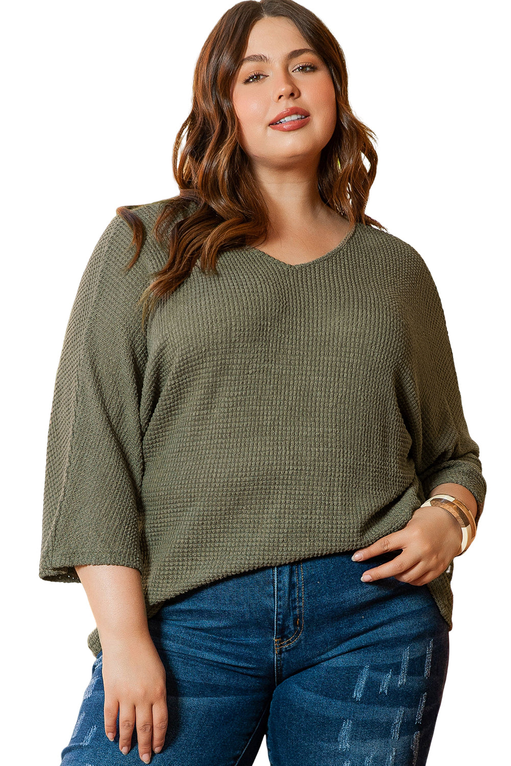 Jungle Green Plus Size V Neck Textured Knit Dolman Top - SELFTRITSS   