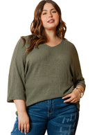 Jungle Green Plus Size V Neck Textured Knit Dolman Top - SELFTRITSS   