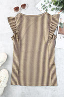 Khaki Striped Crew Neck Ruffled Tank Top - SELFTRITSS   