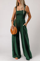 Green Smocked Sleeveless Wide Leg Jumpsuit with Pockets - SELFTRITSS
