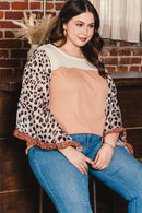 Khaki Printed Plus Ruffle Leopard Sleeve Waffled Color Block Top - SELFTRITSS   