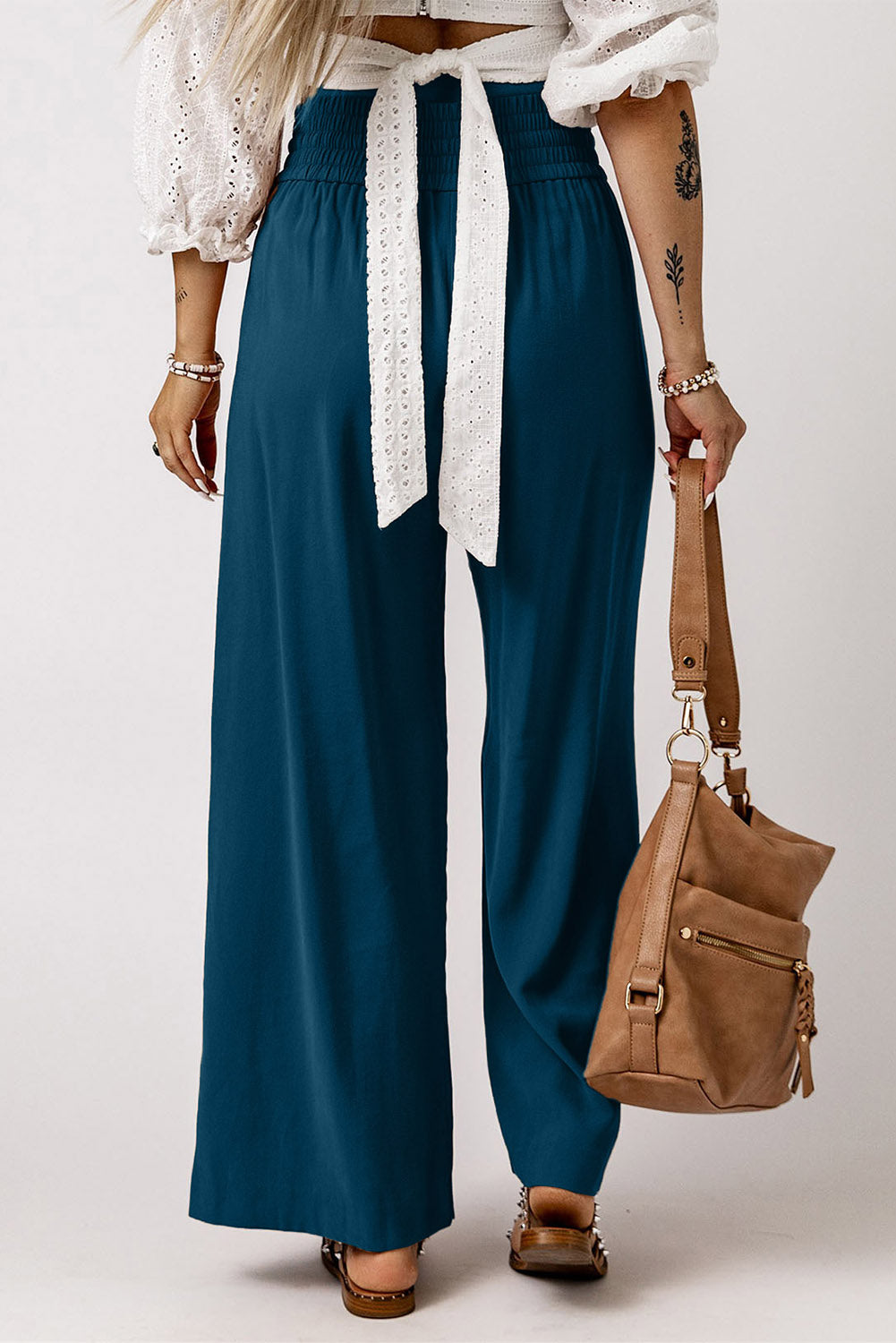 Blue Drawstring Elastic Waist Casual Wide Leg Pants - SELFTRITSS