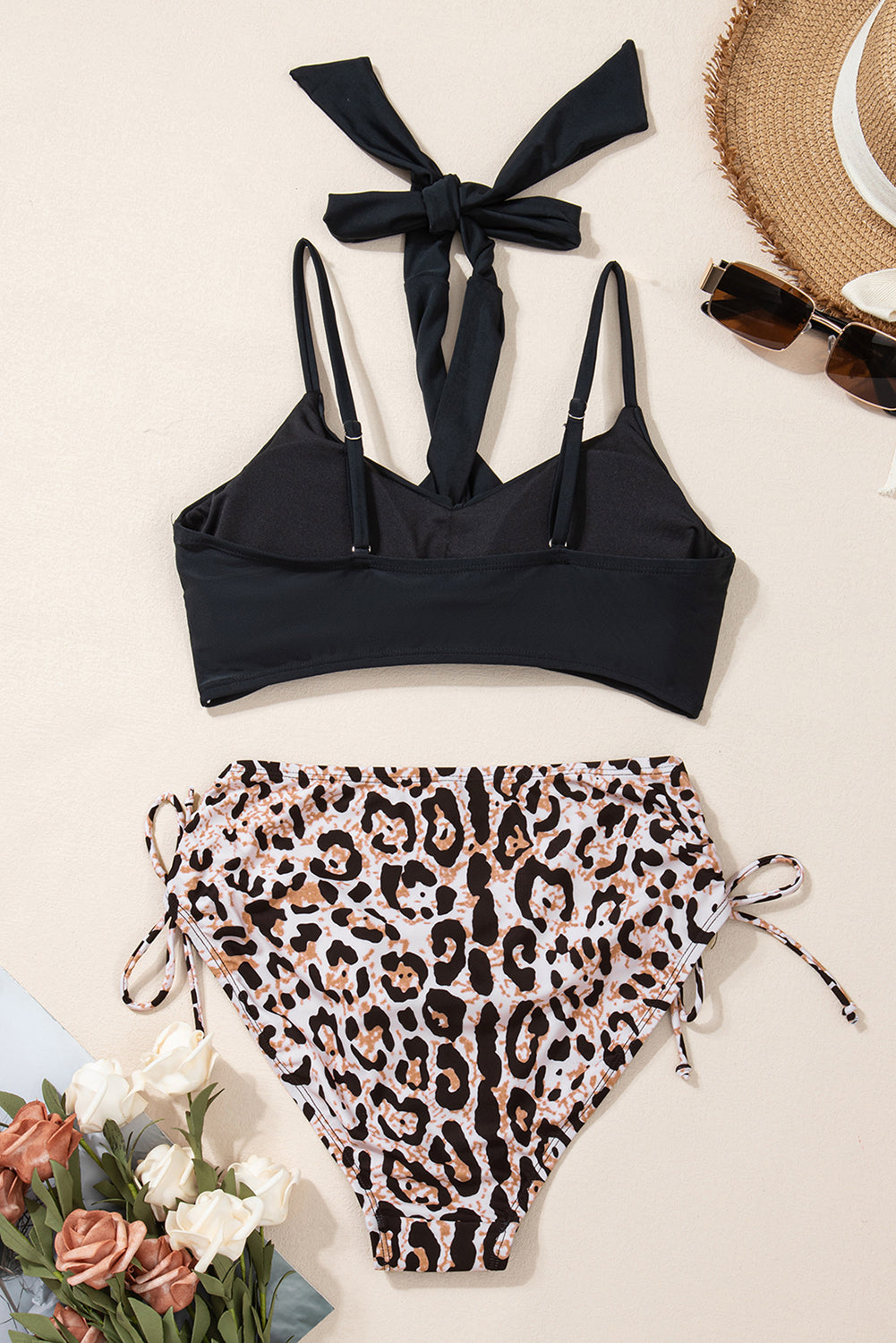 Black Crossed Tie Back Leopard Bikini Swimsuit - SELFTRITSS