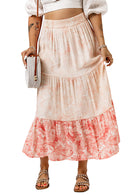 Pink Floral Print Ruffle Hem Tiered Maxi Skirt - SELFTRITSS