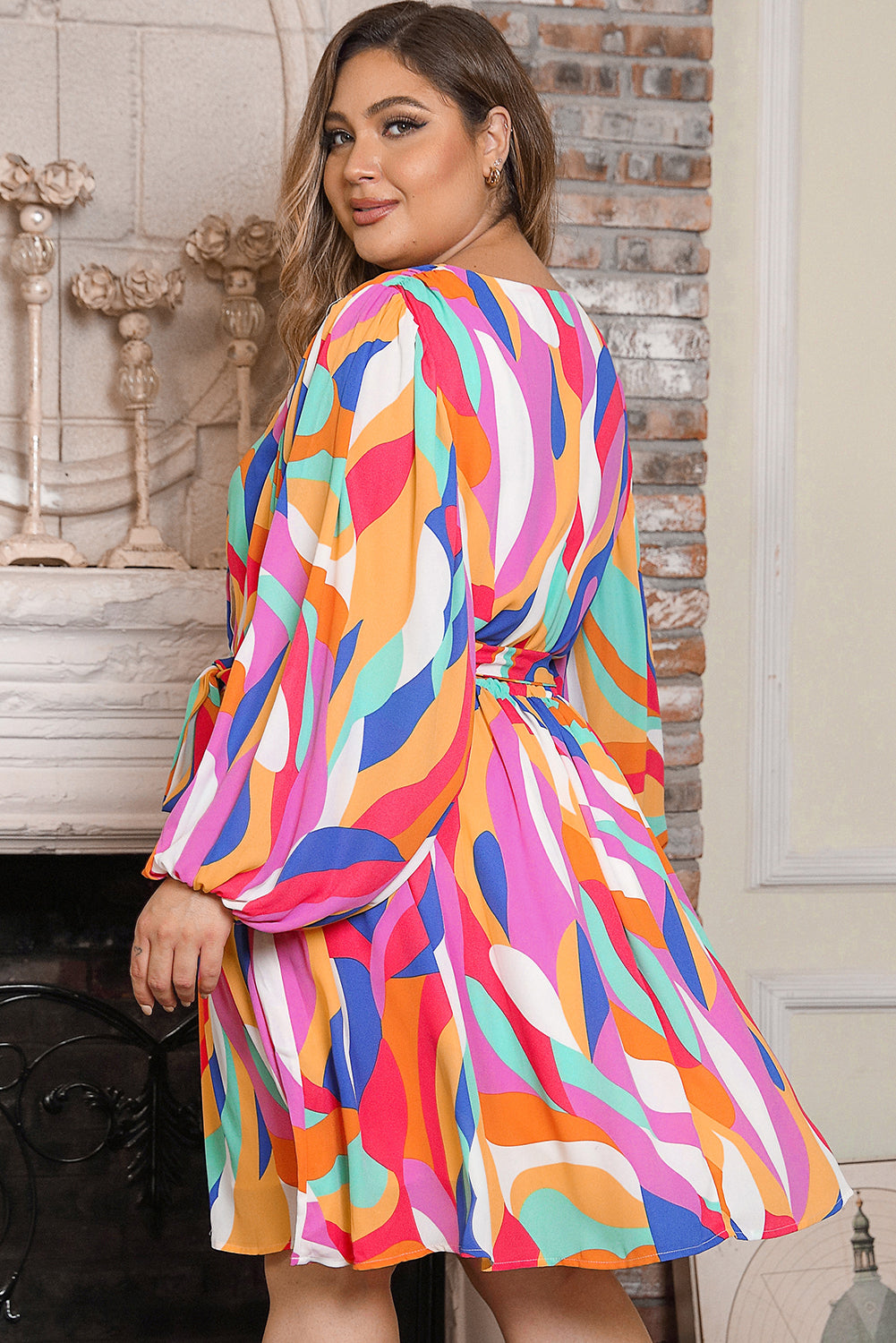 Multicolor Plus Size Abstract Print Oversized Sleeve Belted Dress - SELFTRITSS