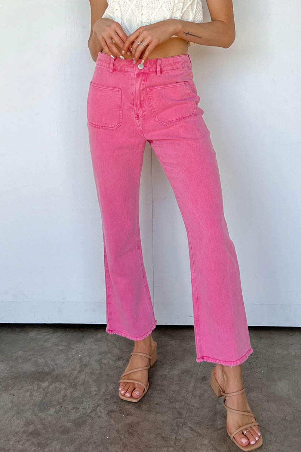 Pink Ankle-length Flare Leg Raw Hem Jeans - SELFTRITSS