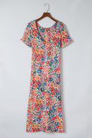 Multicolor Long Floral Print Short Sleeve Holiday Dress - SELFTRITSS