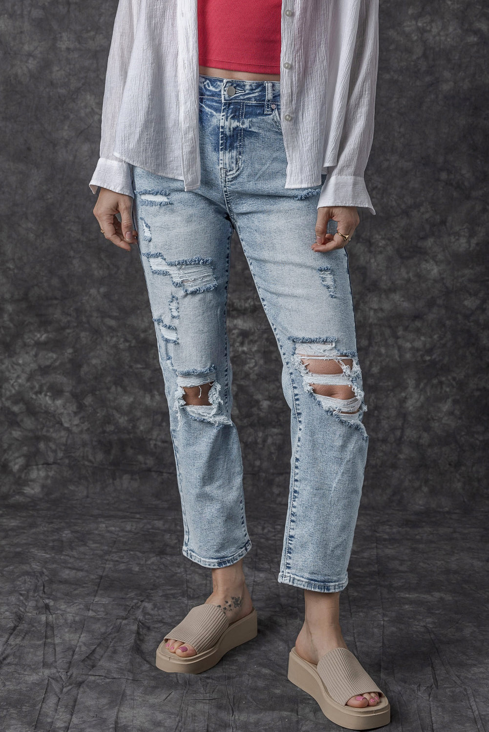 Sky Blue Light Wash Frayed Slim Fit High Waist Jeans - SELFTRITSS