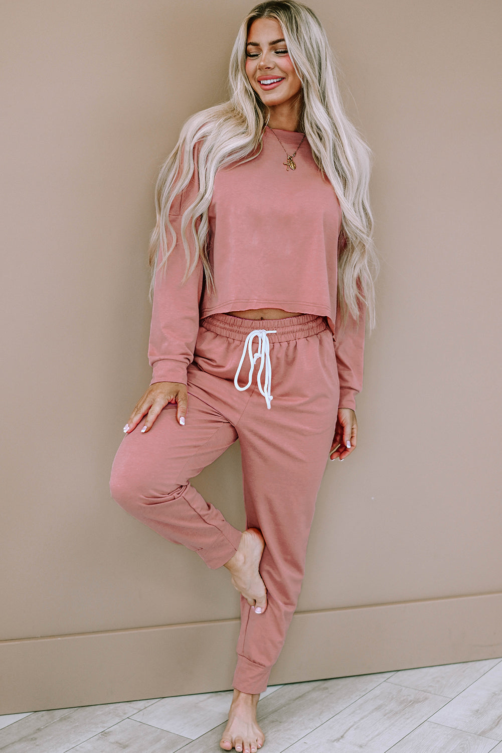 Pink Solid Sport Boxy Fit Pullover & Pants Outfit - SELFTRITSS