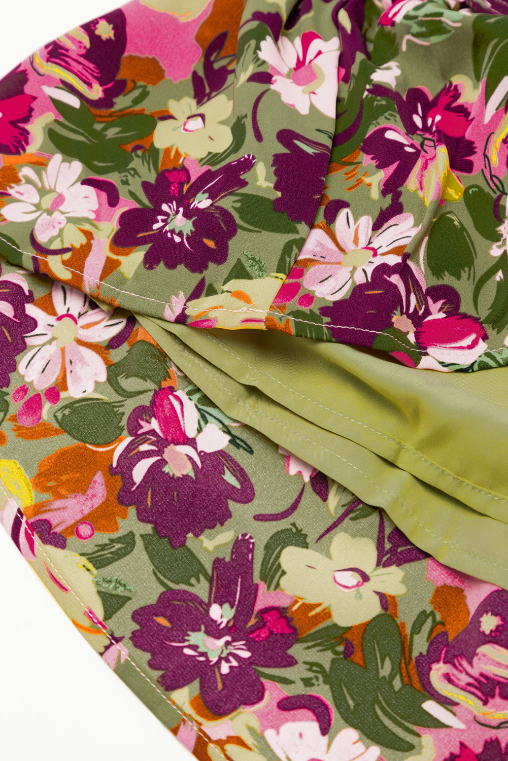 Green Floral Print Ruched Flutter Sleeve Frilled Neck Mini Dress - SELFTRITSS