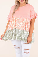 Pink Ruffled Short Sleeve Leopard Splicing Flowy Plus Size Top - SELFTRITSS   