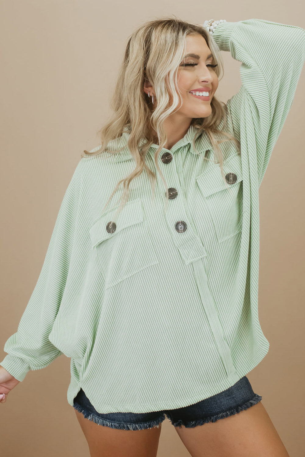 Green Plus Size Ribbed Pocketed Long Sleeve Henley Top - SELFTRITSS