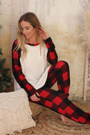 Fiery Red Plaid Raglan Sleeves Top and Drawstring Pants Lounge Set - SELFTRITSS