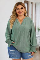 Green Eyelet Jacquard Split Neck Flounce Sleeve Plus Size Blouse - SELFTRITSS