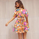 Summer Floral Print V-Neck Lantern-sleeve Dress - SELFTRITSS   