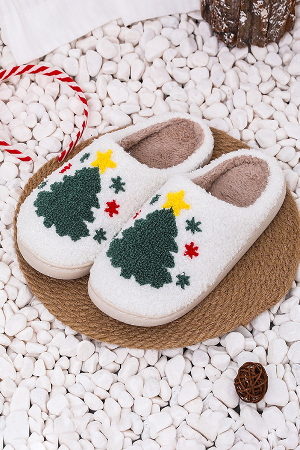 White Fuzzy Christmas Tree Pattern Home Slippers - SELFTRITSS
