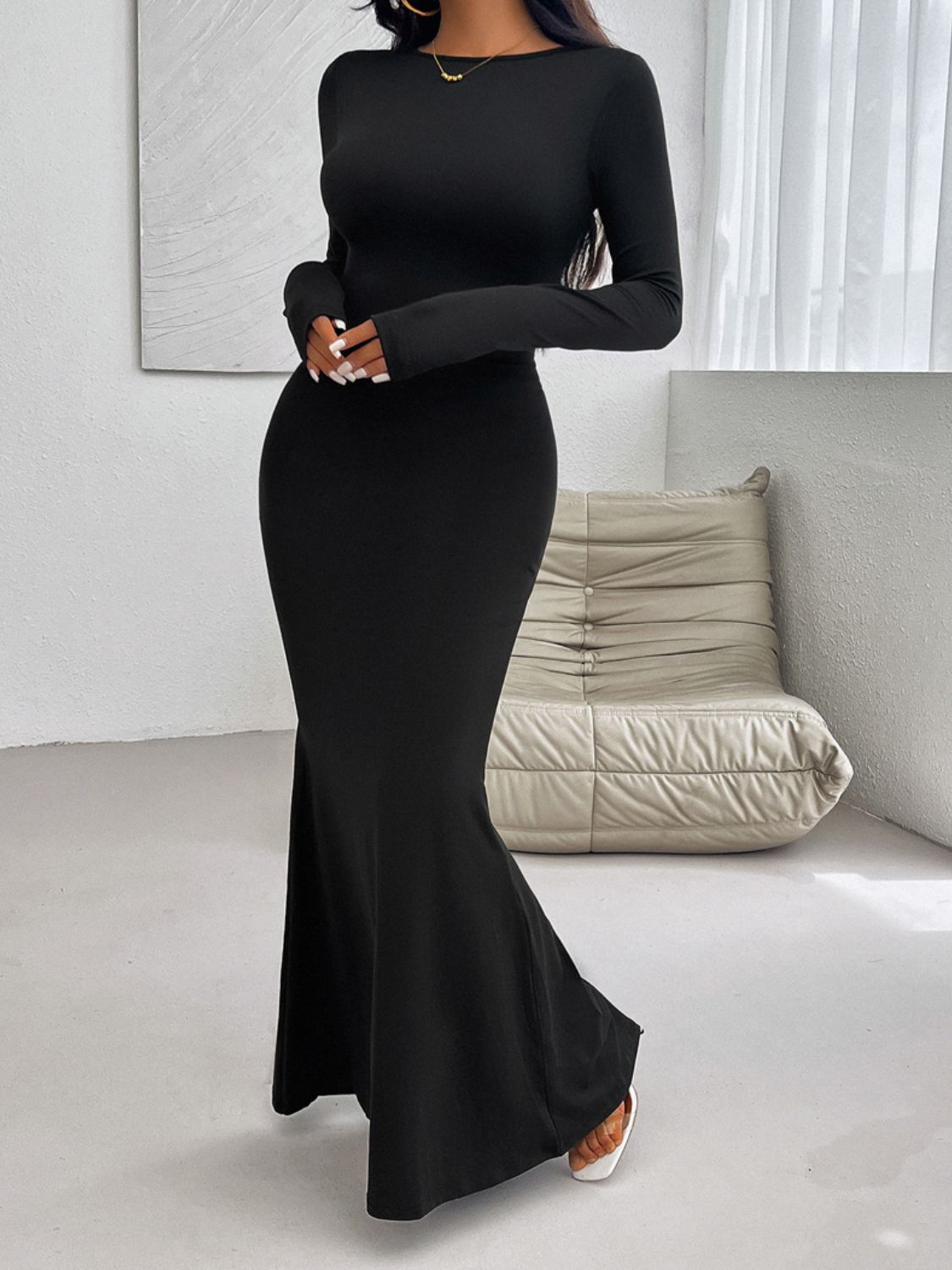 Devine Backless Round Neck Long Sleeve Maxi Dress - SELFTRITSS   